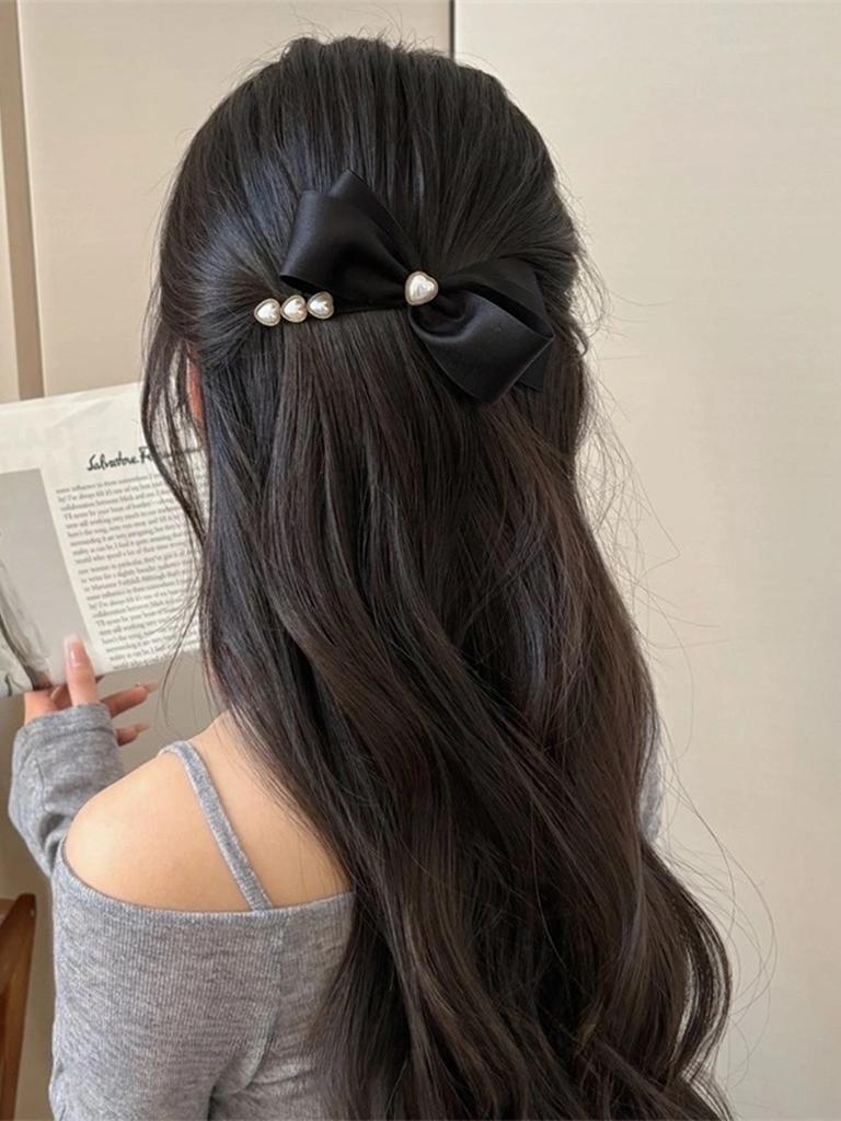Black Bowknot Hair Barrettes Pearl Hair Clips Sweet Heart pearls Ribbon Hairpins for Girls Valentine's Day Party Hair Accessorie