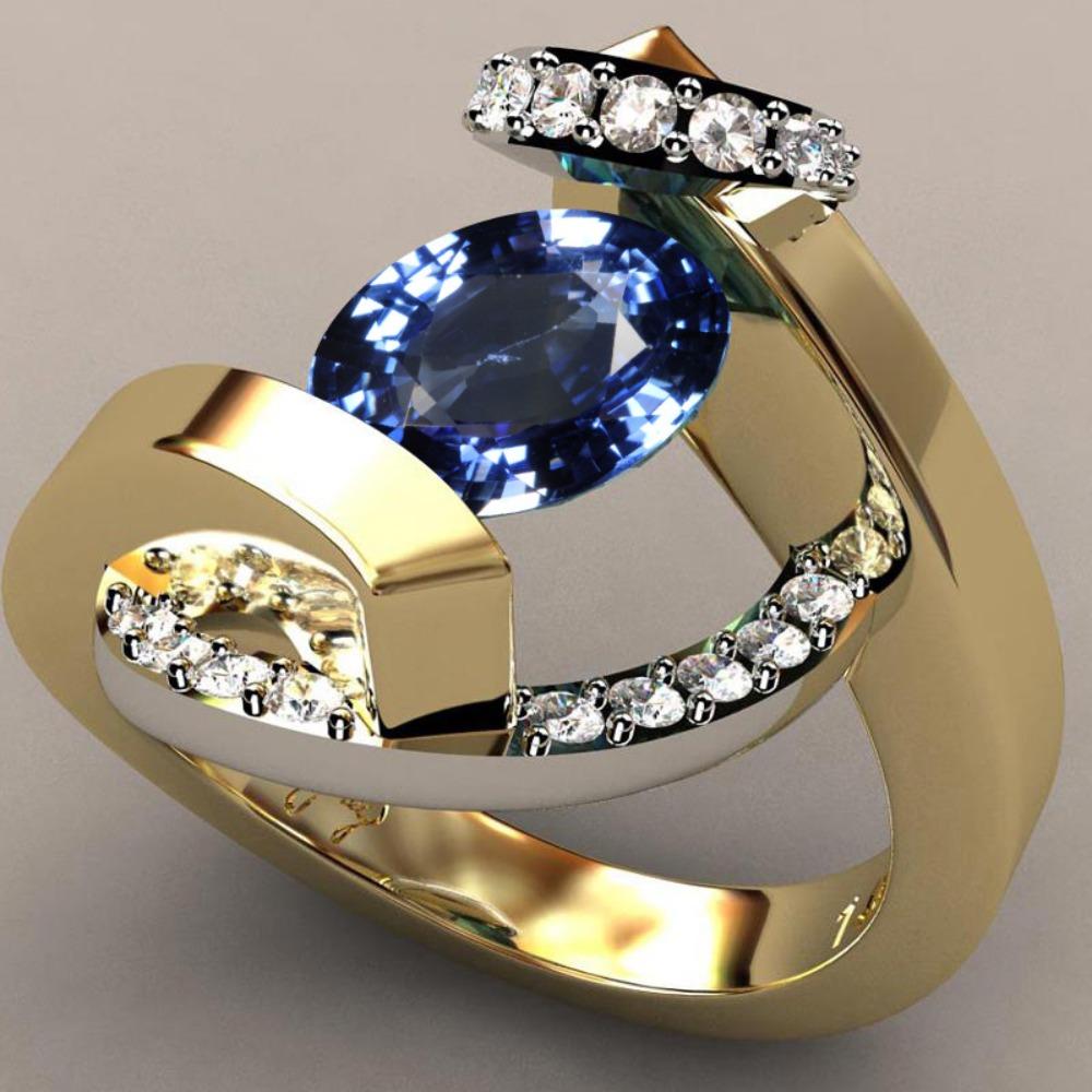 

Blue Sapphire 18k Gold Plated Two Tone Ring for Women Stylish Engagement Wedding Band Jewelry Gift No. 6 золотой