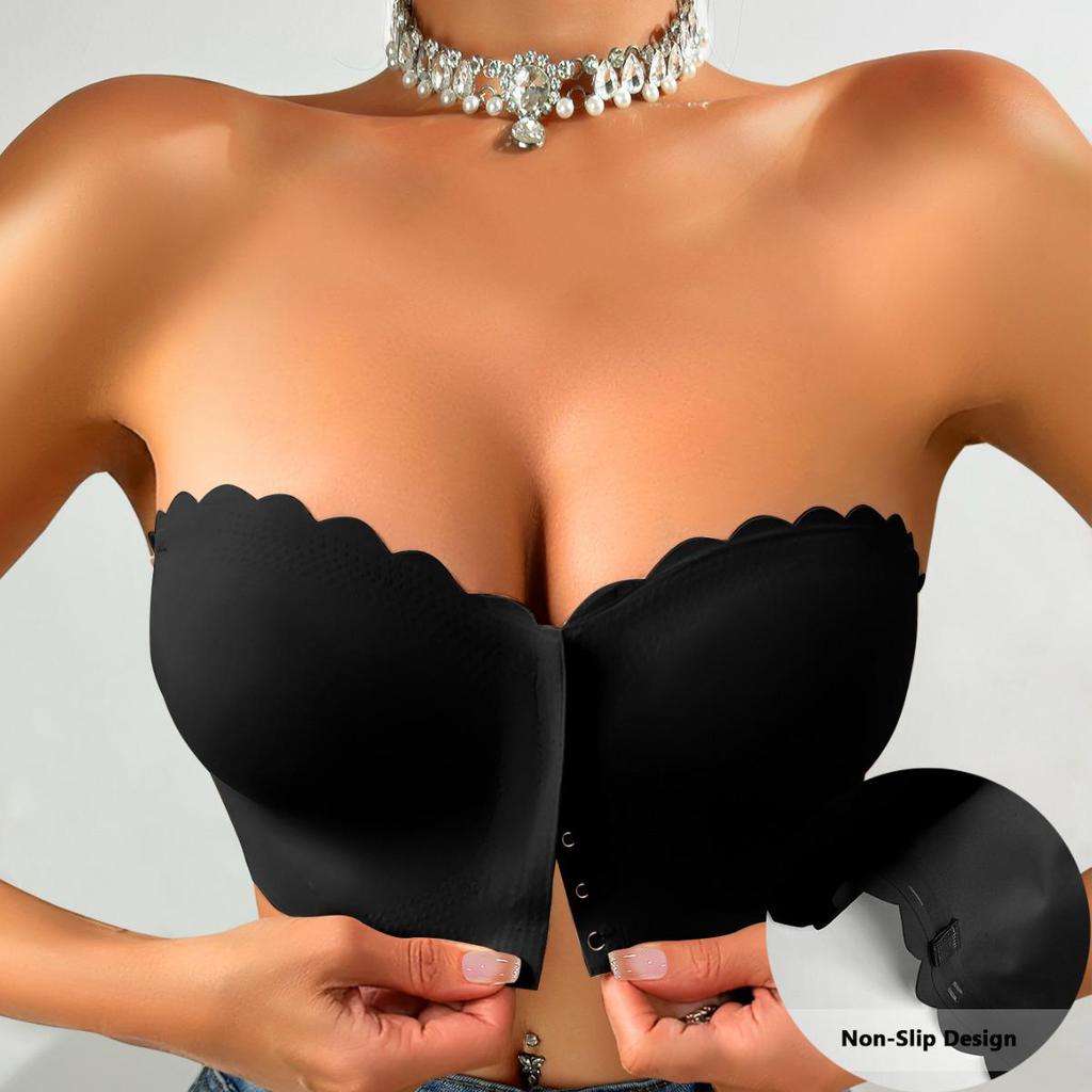 Sutien push-up fără bretele cu închidere frontală cu margine ondulată