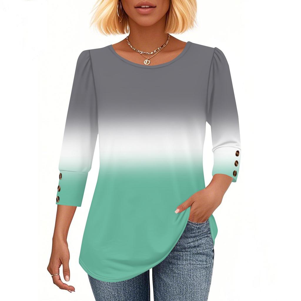 Women's Fashion Casual Gradient, Tie- Print Round Neck Cropped Sleeve T-shirt Top