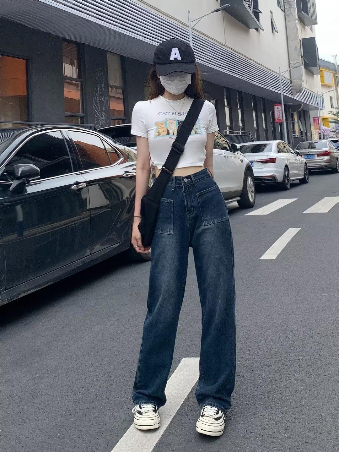 

Женские широкие джинсы с высокой талией в сине-сером ретро-стиле для лета и осени XL сине серый