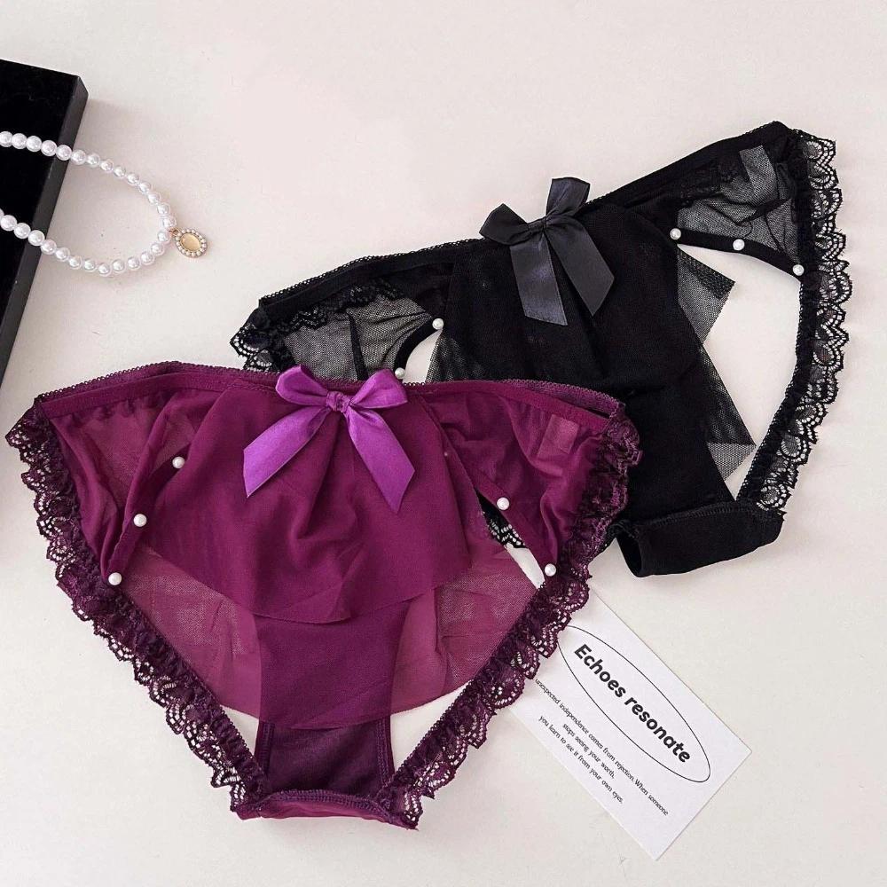 Low Waist Sheer Bow Lace Thong Bowknot Mesh Lace T Panties Lace Underwear  Home