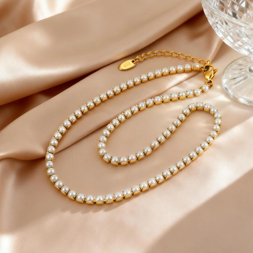 Women's Imitation Pearl Tennis Chain Necklace Bracelets, Stainless Steel 18K Gold Plated Fashion Chic Jewelry Set Gift