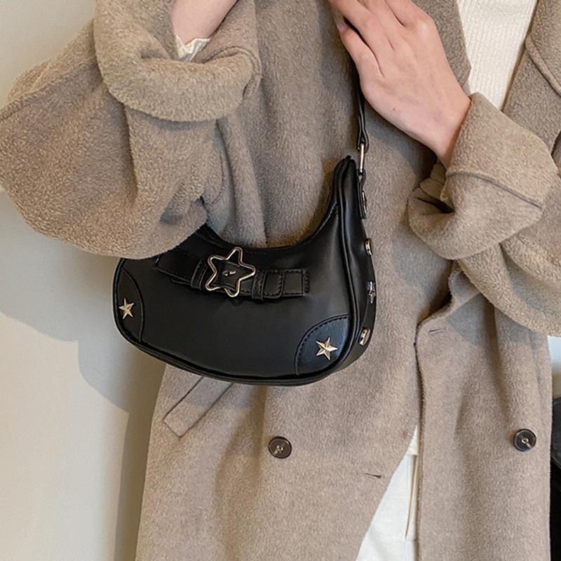 Women Shoulder Handbag Vintage Casual Hobos Denim Star Decor Solid Color Underarm Bag for Girls Ladies Purse Tote