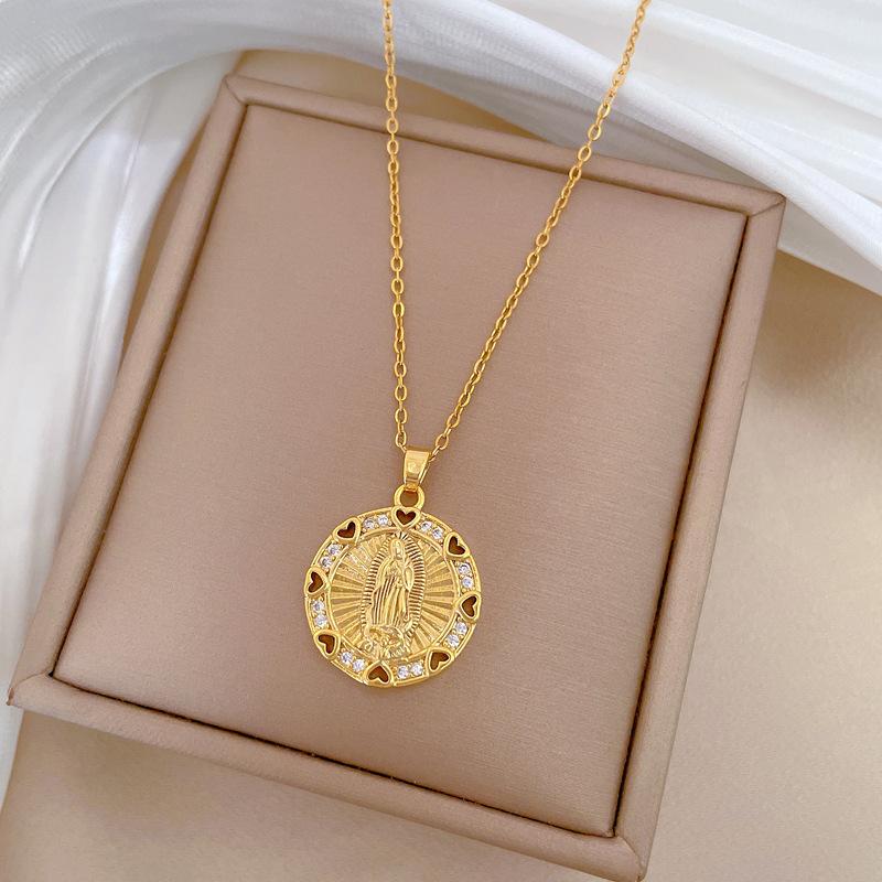 Lyxig ihålig hjärtformad zirkon Jungfru Maria rund hängsmyckehalsband för kvinnor flickor rostfritt stålkedja guld färg smycken presenter