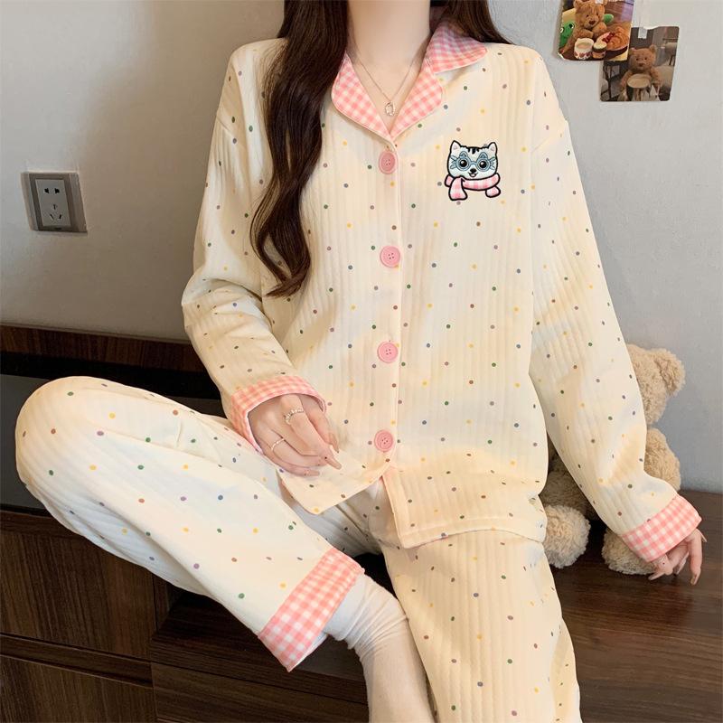 Air cotton pajamas women's autumn and winter long sleeves thickened interlayer warm stars cat student loungewear real shot