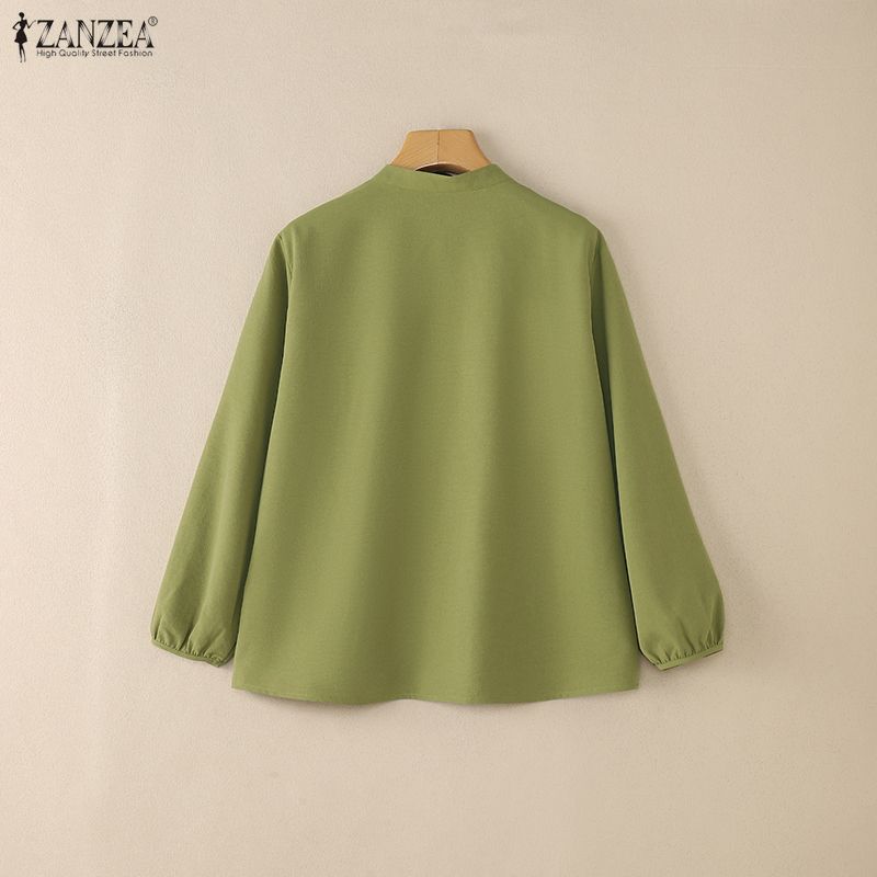 ZANZEA Dámská ležérní jednobarevná volná halenka s V-výstřihem a dlouhým rukávem