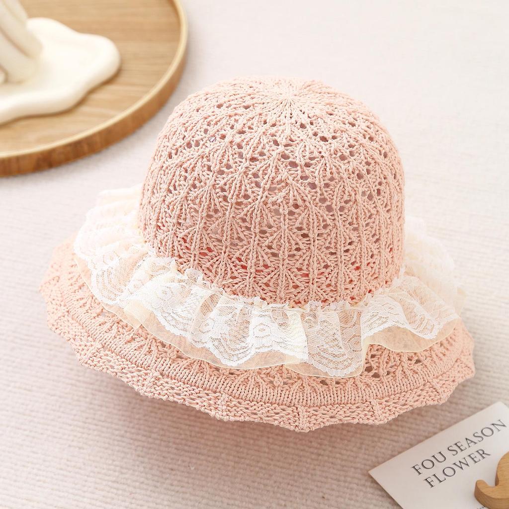 Cappello da Sole da Bambino a Tesa Larga in Paglia - Cappello a Secchiello Traspirante in Stile Coreano per la Spiaggia con Pizzo per Primavera ed Estate.
