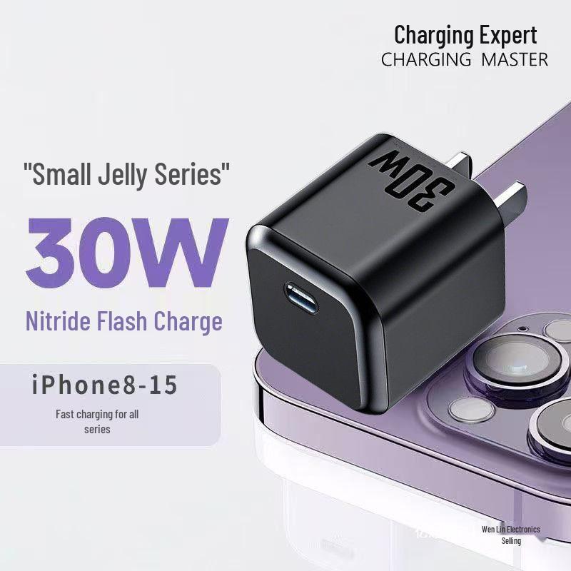 

30W Mini GaN Fast Charger & Cable for Apple Devices Mini PD30W Fast Charge [Black] Auto Power Off