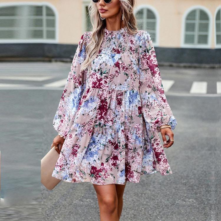 Women Floral Printed Casual Loose Fit Dress Long Sleeve Short O Neck All Match
