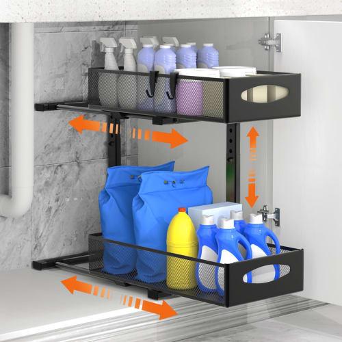 Nuovoware Sliding Under-Sink Storage Rack, 2-Tier, Space-Saving, Kitchen Organization, Adjustable Height, Metal Drawer with Double Doors, Under-Bathro