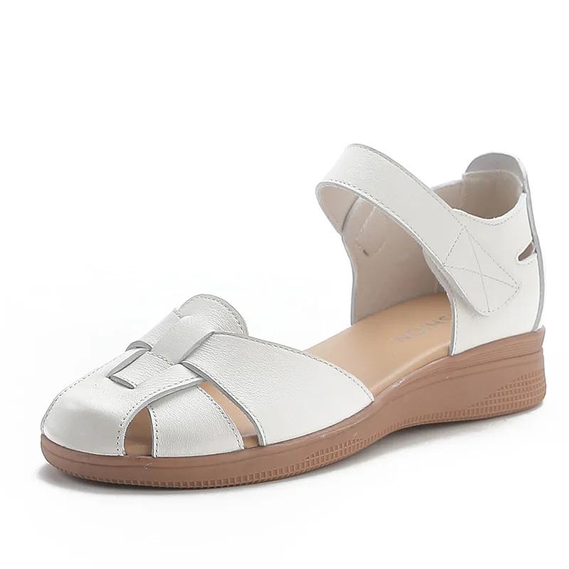 Mode Rindsleder Sommer Keilabsatz Sandalen Damen Echtes Leder Rutschfest Dicke Sohle Schuhe Mittelalterliche Ältere Mütter Weiche Sohle Schuhe