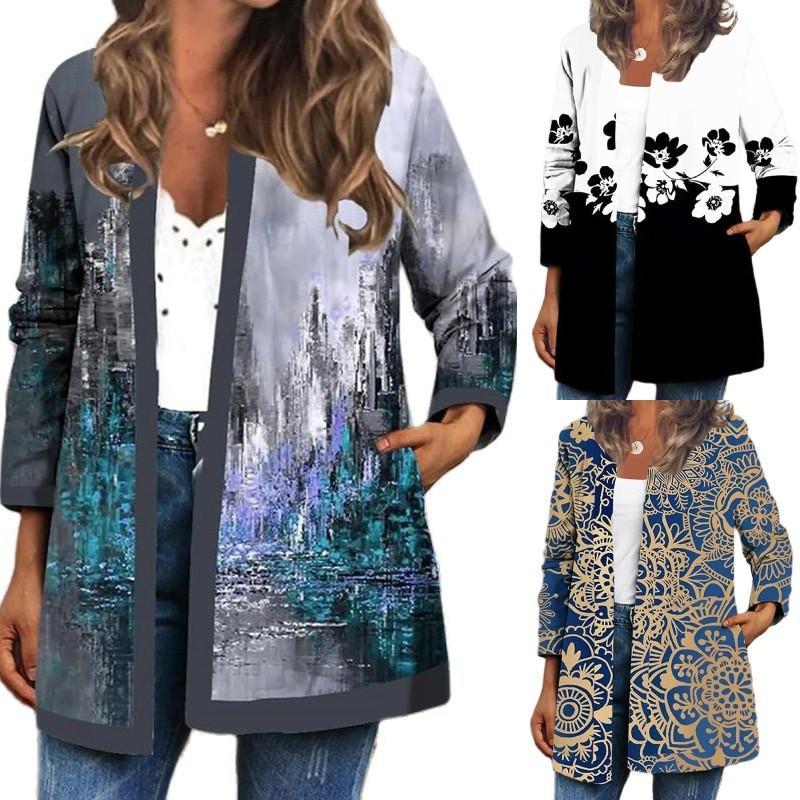 Autumn Winter Women's Vintage Ethnic Floral Printed Long Sleeve Tunic Jackets Ladies Loose Outerwear Chic Top Coat