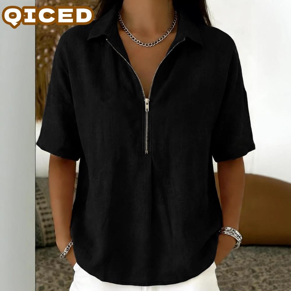 QICED Women's Fashion Casual Solid Color Print Short Sleeve POLO Neck Blouses & Shirts