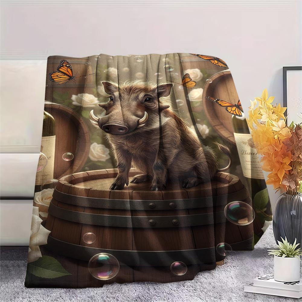 1PC Warthog Print FlAannel Blanket, High quality Comfortable for All Seasons, Home Decor, Warmth and Comfort