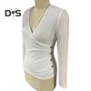 Dámské podzimní jednobarevné topy s hlubokým výstřihem do V, halenka s dlouhým rukávem, elegantní slim fit, knoflíky, dekorace, žebrované svetry