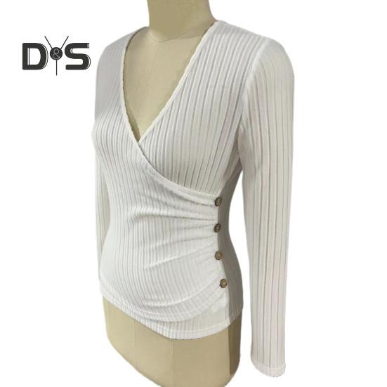 Dámské podzimní jednobarevné topy s hlubokým výstřihem do V, halenka s dlouhým rukávem, elegantní slim fit, knoflíky, dekorace, žebrované svetry