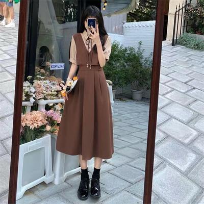poloCollar Dress Fake Two Pieces Dress Women's Spring and Summer New Belly-Covering Flab Hiding Top Grade Mori Style First Love Skirt