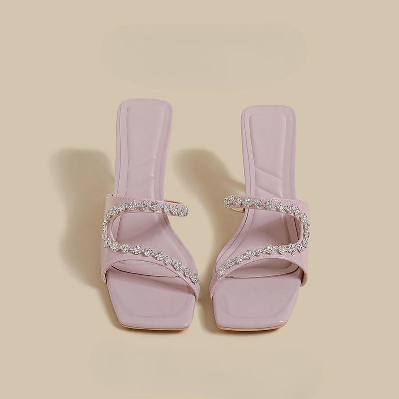 French outer slippers women's 2025 summer new evening breeze temperament beautiful rhinestone word purple stiletto sandals