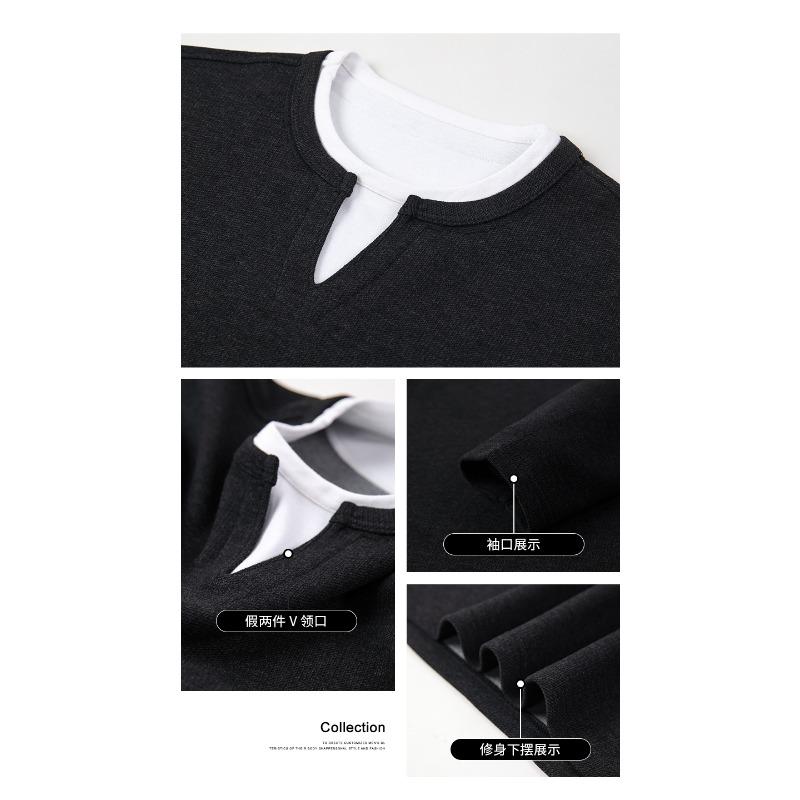 Men's Autumn Winter Pullover Contrasting Color Fake Two-piece Round Neck Long-sleeved Casual Fashion Shirt T-shirt Top