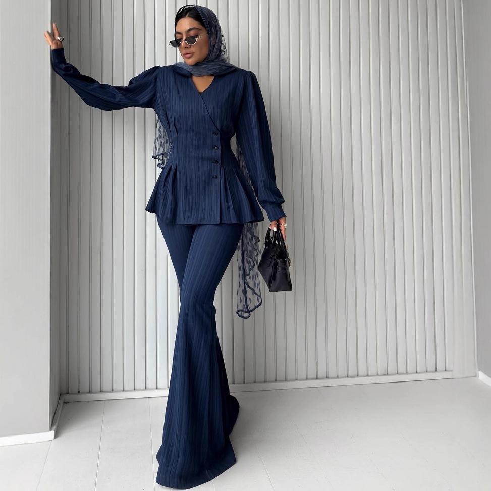 2025 Summer Women's Cross-Border Trendy Casual V-Neck Long Sleeve Top & Pants Set