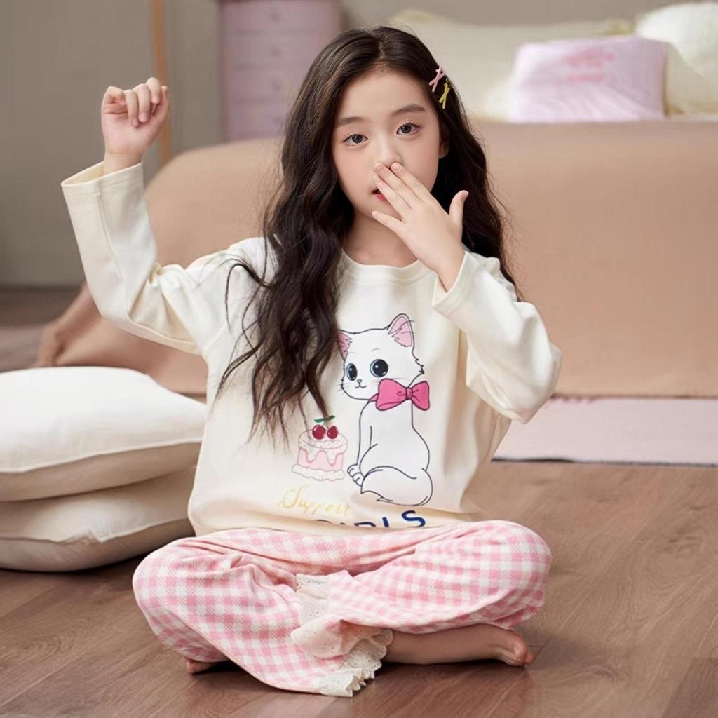 Primavera e Autunno 2026: Pigiama a Cartoni Animati con Gatto per Bambine - Manica Lunga e Pantaloni per Bambini Taglia Media-Grande