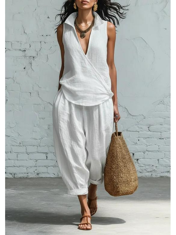 

2026 Spring/Summer Women s Linen Two-Piece Set: Simple Lapel Shirt & Wide-Leg Pants XL белый