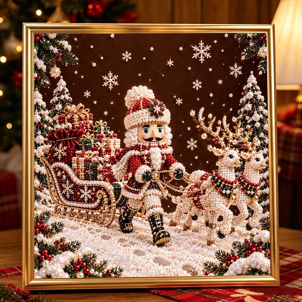 DIY Framed Pearl Painting Kit with Nutcracker Santa Sleigh Reindeer 5D Sparkling Bead Art Canvas Ready to Display Home Decor Gift Idea