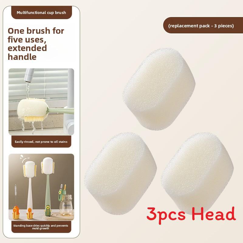 Long Handle Multipurpose Cup Brush With Cleaning Sponge For Insulated And Glass Bottles Replace Head