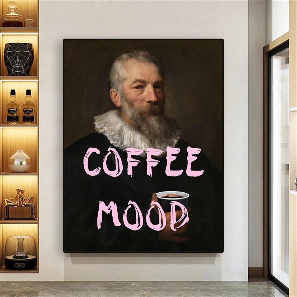 Modern Art Poster Coffee Mood Funny Alter Art Prints Portrait Man with Coffee Cup Canvas Painting Pink Quote Baroque Wall Decor