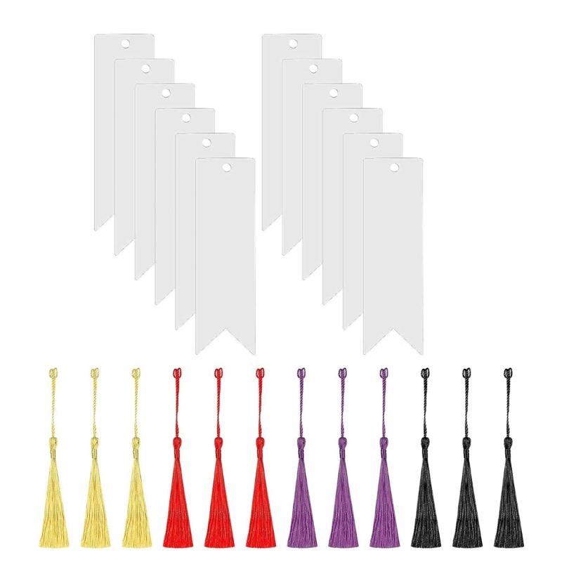 12 Pcs Blank Bookmarks Set Rectangular Acrylic Bookmarks with Colourful Tassels Clear Bookmarks for Handmde Projects