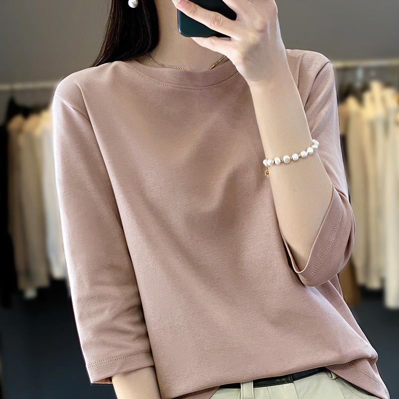 Spring and Summer Women Cropped Sleeve Female Round Neck Loose Cotton Short Sleeve Bottoming T-Shirt