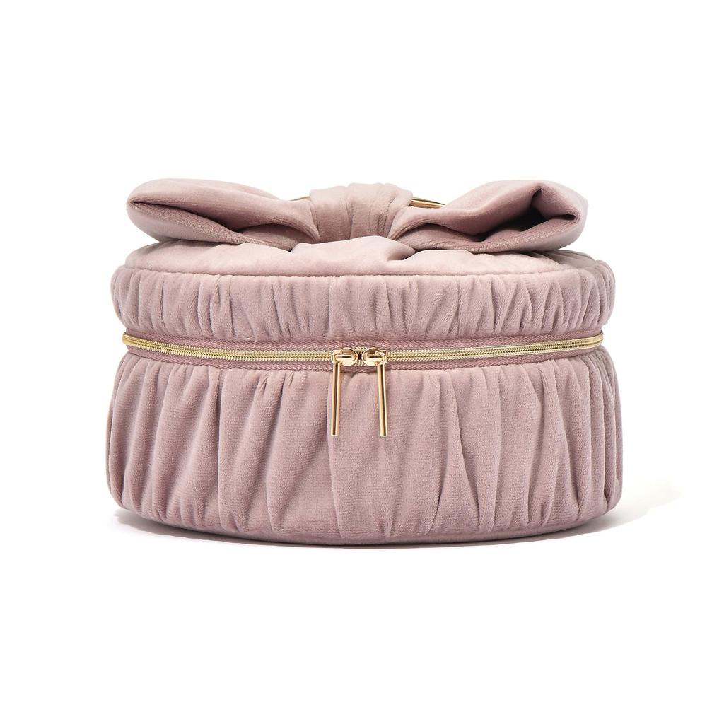 Francfranc Velvet Ribbon Vanity Pouch S Pink with Divider and Cosmetic Makeup Storage Pockets, Box,