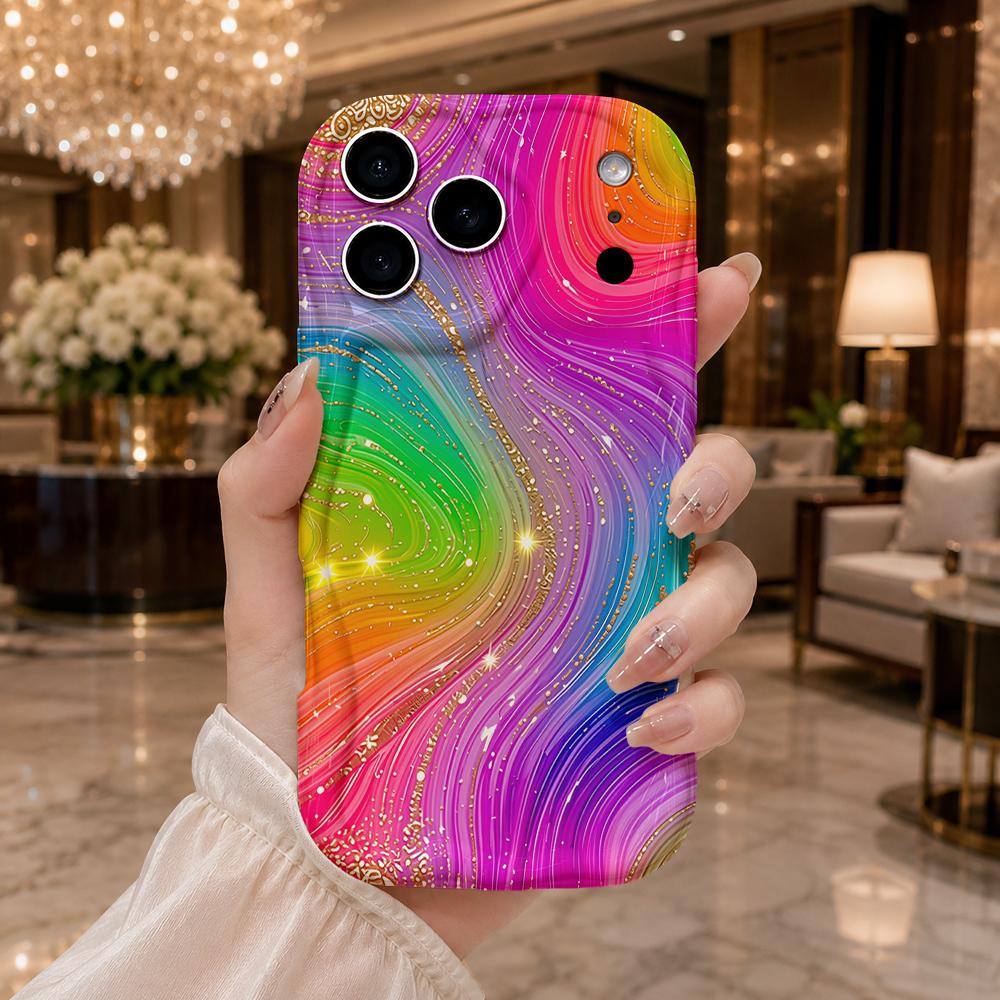 Rainbow Iridescent Gold Glitter Fluid Wavy Edge Phone Case For iPhone 17 16 15 14 13 12 11 8 7 Plus Pro Max Liquid Cover
