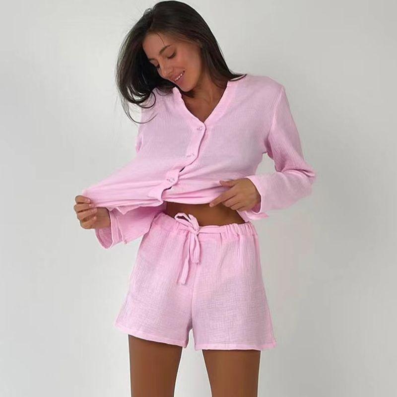 

Western Style New Summer Long sleeve Shirt Shorts Loose Set Home Wear Shirt and Shorts Set Pink M