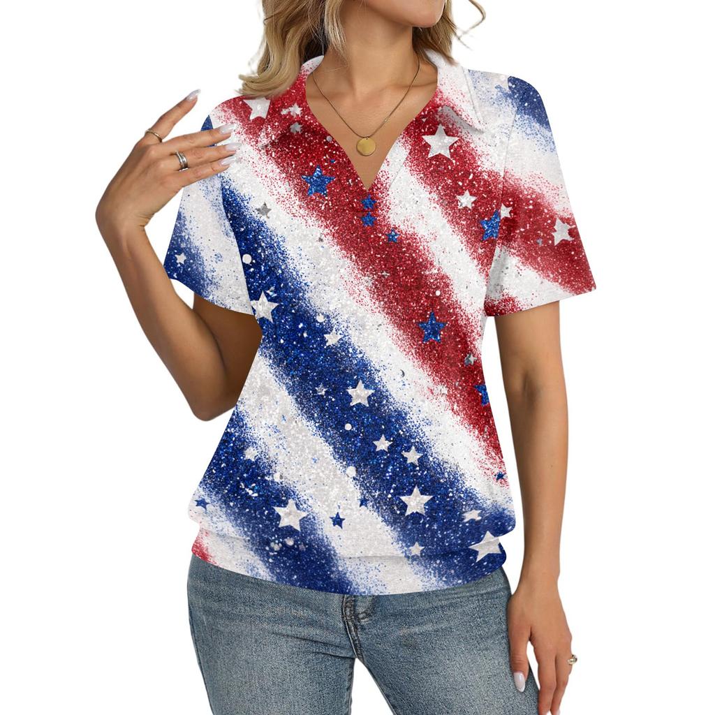 Women's Casual Short Sleeve Polo Shirt with Independence Day Print Collared Top Lightweight Breathable Summer Tee