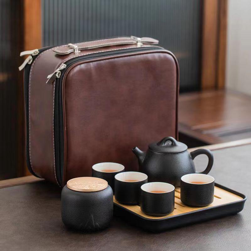 Japanese Black Pottery Tea Set with Handle Teapot, Dry Brew Tray, and Portable Bag for Home, Office, or Travel.