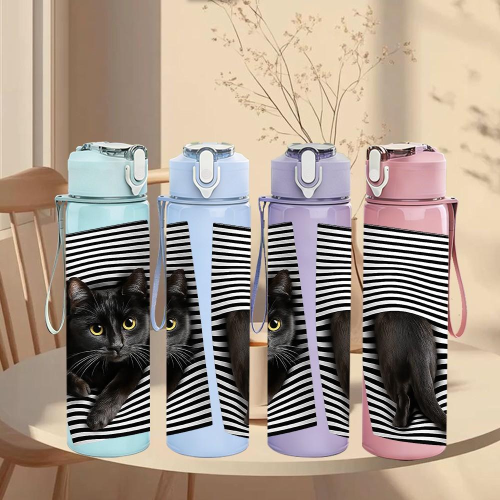 1PC Black Cat Stripe Background Print 750ml Color Plastic Sports Water Bottle Leakproof Flip Straw Lid Suitable for Sports Office Home Use