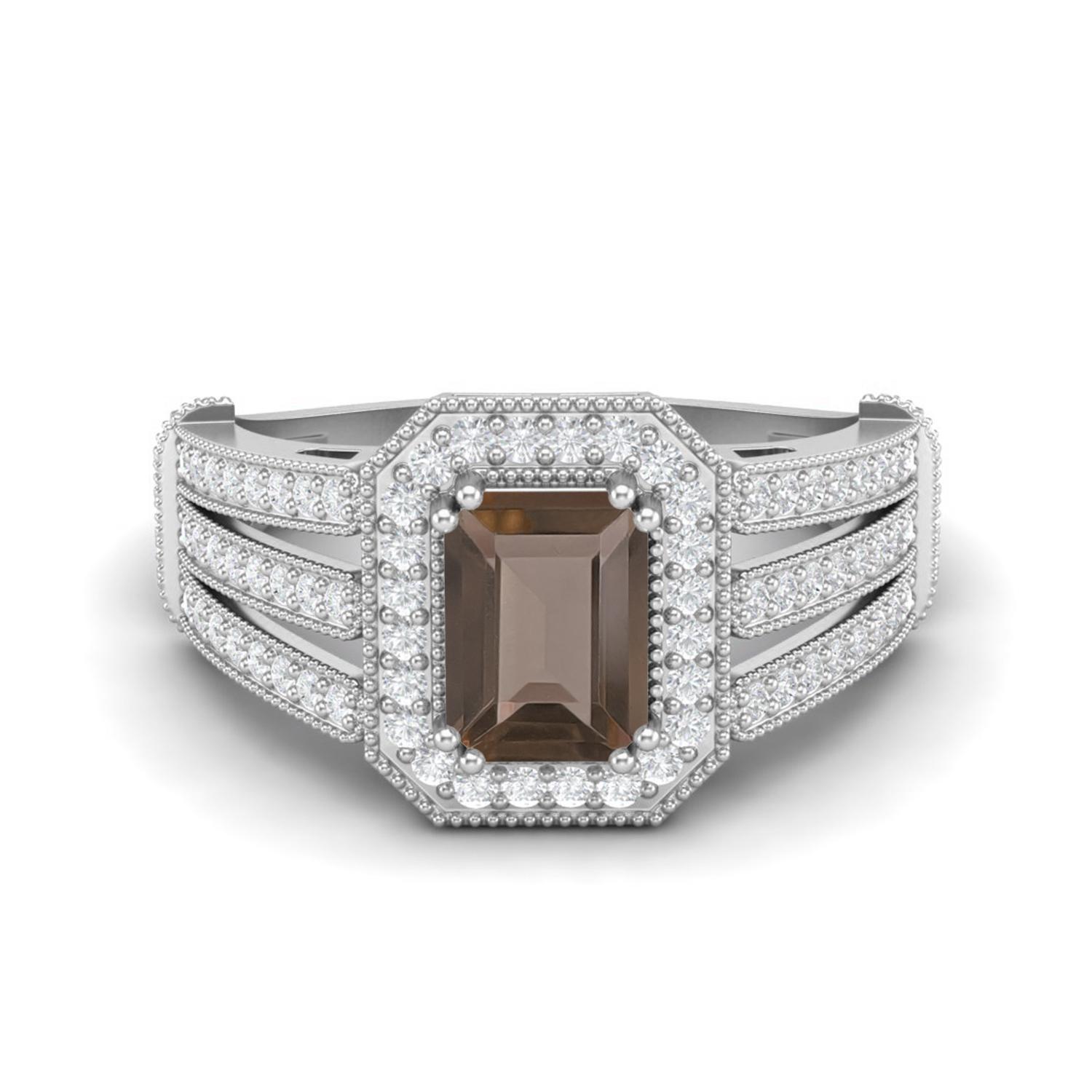 1.86 Ctw Emerald Cut Smoky Quartz 925 Sterling Silver Split Shank Halo Women Engagement Ring 9