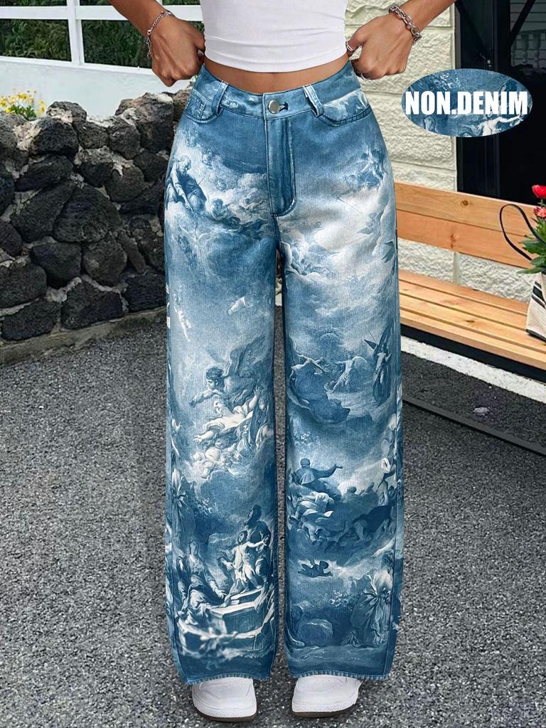 Retro Floral Wide-Leg Jeans for Women - Summer Mid-Waist Straight-Leg Design N021