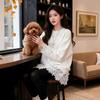 Mid-Length German Fleece Lace Patchwork Long Sleeve T-shirt - Women's Thickened Base Layer, Autumn/Winter 2026 Collection.