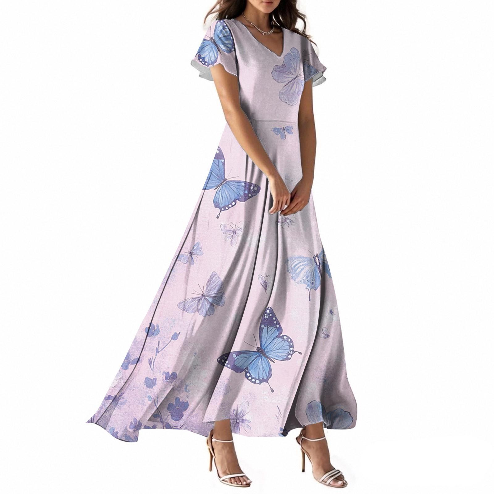 Women s Summer Casual Fashion Butterfly Print Dress V Neck Short Sleeve Dress L светло-розовый