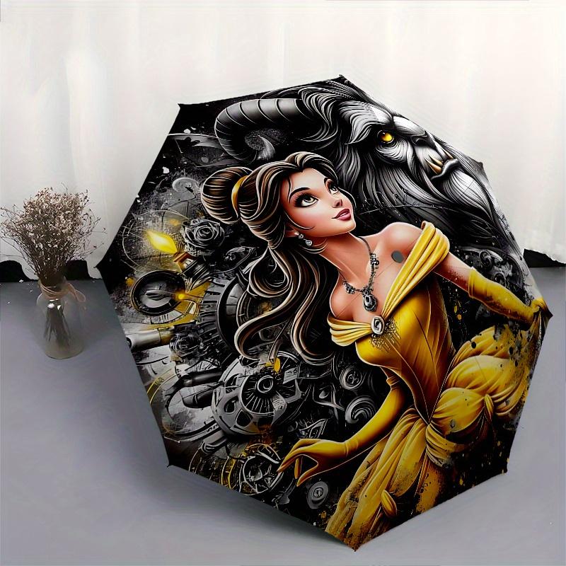 Disney Belle, Beast Automatic Open/Close Umbrella - Cute Umbrella with Cute Design, Portable 3-Fold Compact Umbrella for Men & Women, Valent