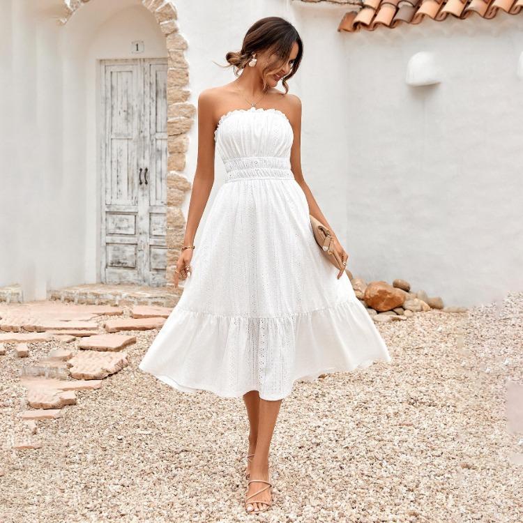 Summer Women Casual Sleeveless Strapless A-Line Dress High Waist Middle Long Solid Color One Collar Spring Dresses S-XL