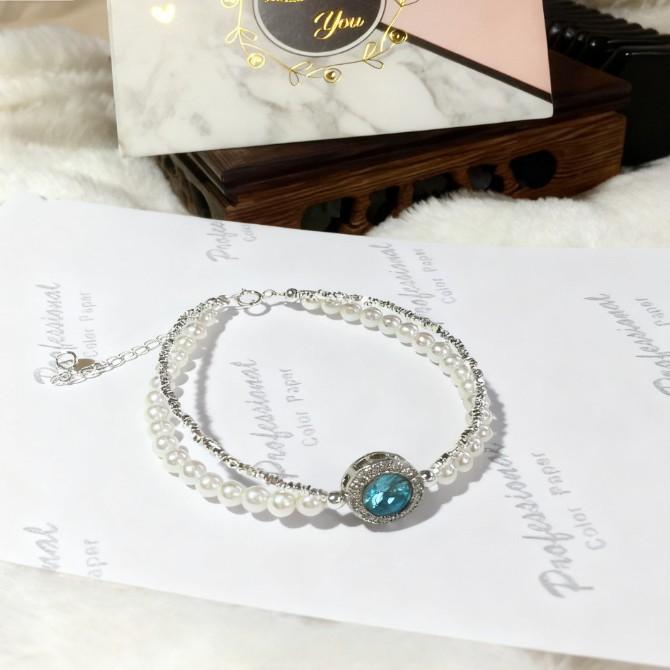 New sea blue pearl and silver double-layer bracelet for women, cat-eye casual style, gift for girls and best friends, live stream jewelry