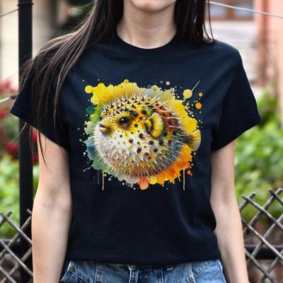 Vibrant Pufferfish Color Splash Unisex T-shirt Black Navy Dark Heather
