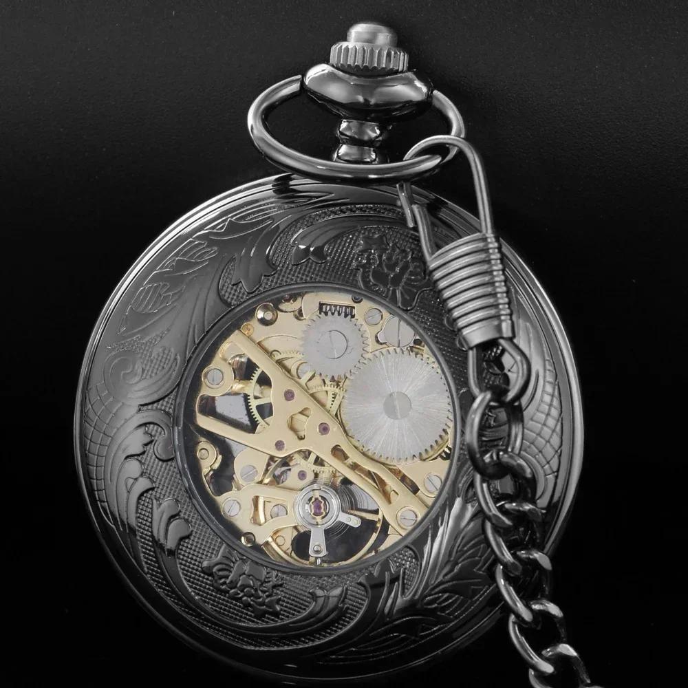 Black Vintage Skeleton Engraved Mechanical Pocket Watch with Chain Fashion Men Women Hand Winding Blue Roman Numerals Clock