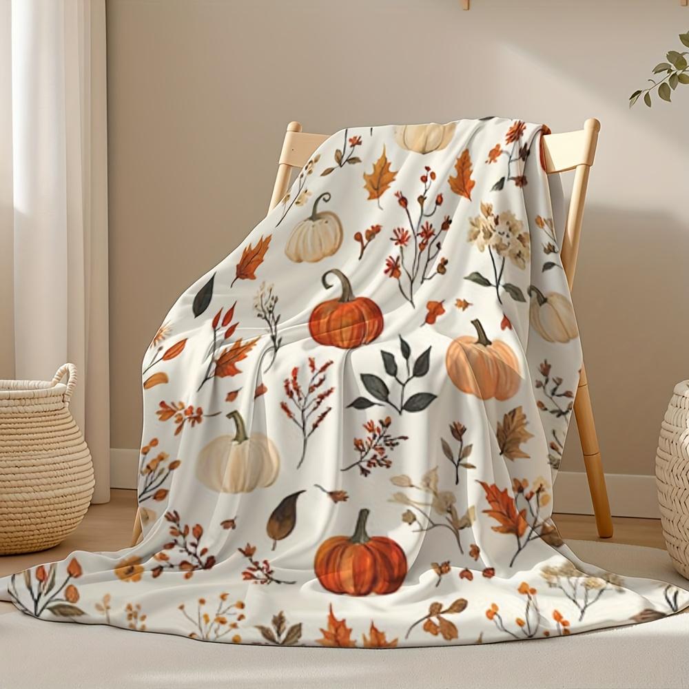 1 Pc Four Season Flannel Blanket Soft Beige Pumpkin Autumn Leaf Prints Light Sofa Bed Decor Holiday Gift Machine Washable Retro