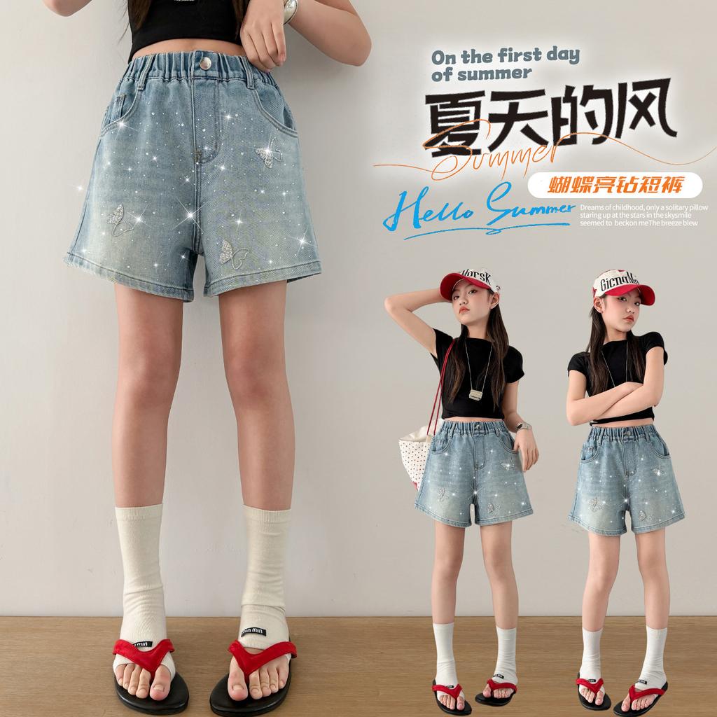 Girls' Summer Hot Diamond Denim Shorts 2026 New Korean Sweet Cool Butterfly Hot Pants Girls' Trendy Summer Pants