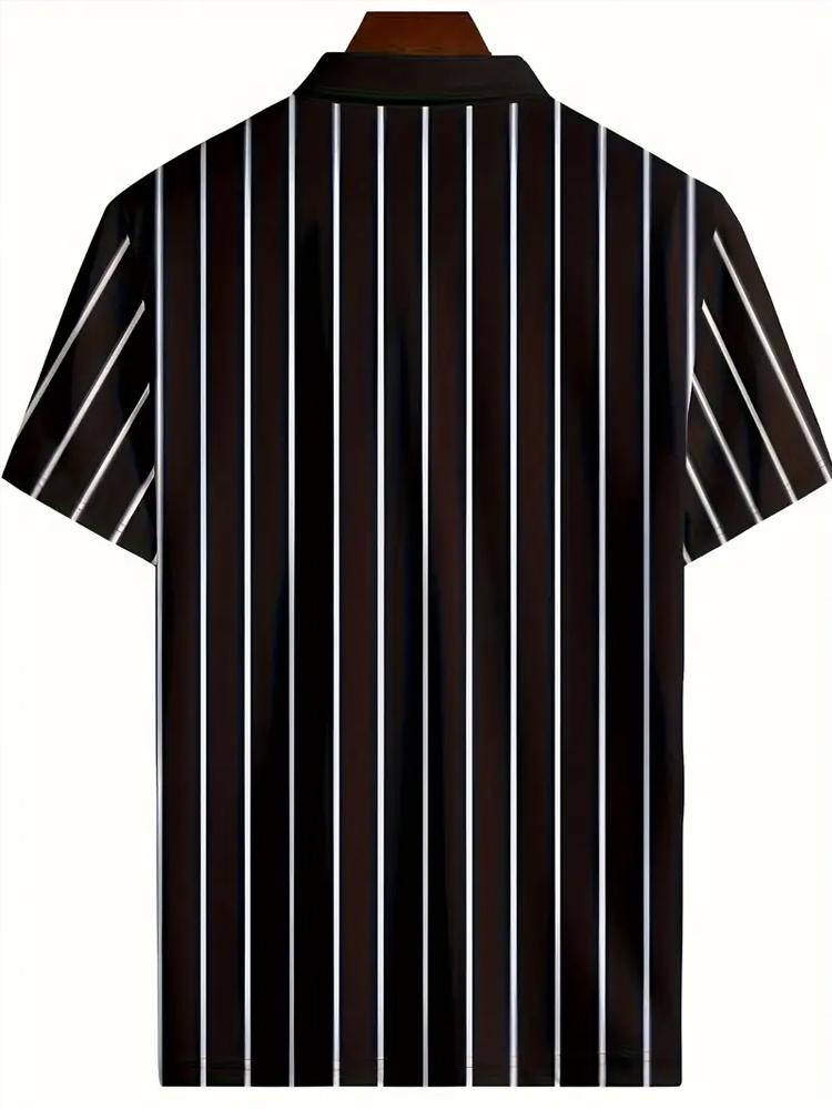 Men's Casual Fashion Short Sleeve Baseball Shirt Mature Black and White Stripe 3D Print Clothing Short Sleeve Shirt Business Casual Shirt